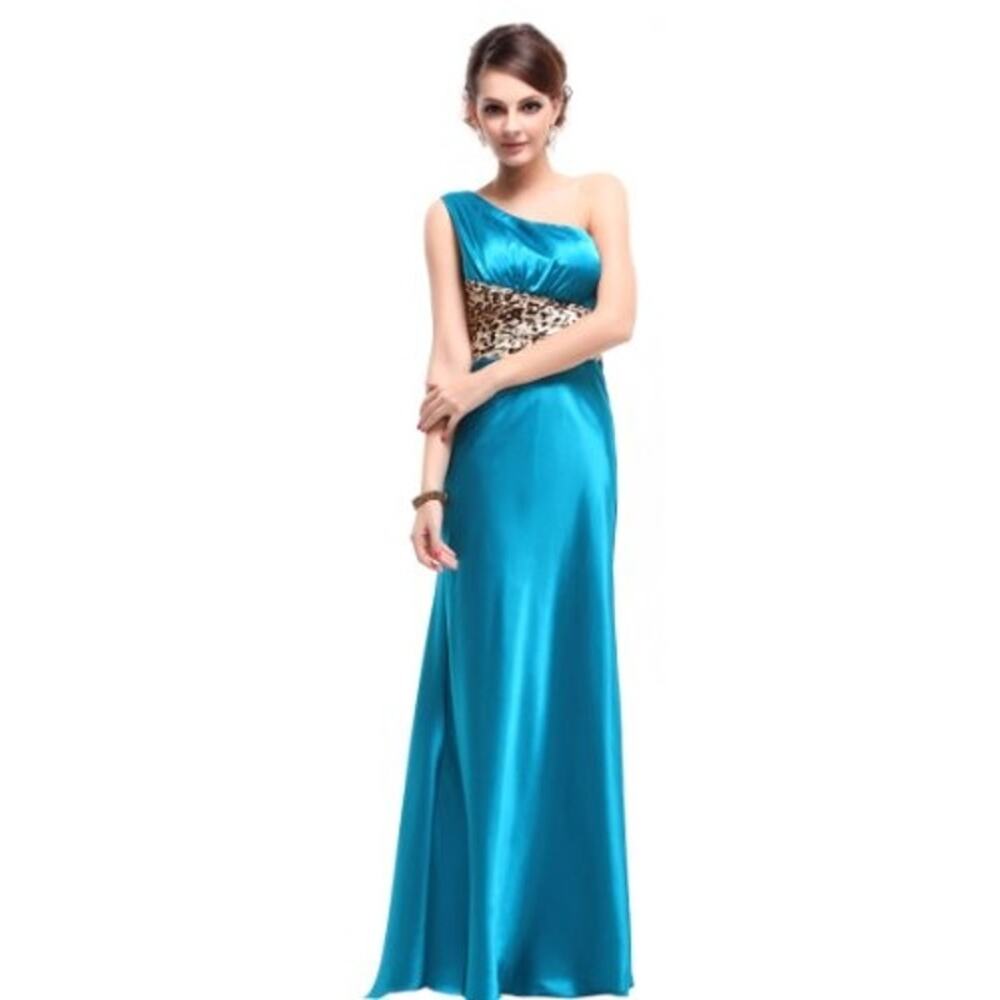 Sherri Hill Silk teal leopard one shoulder asymmetrical mermaid gown prom 6 Y2K